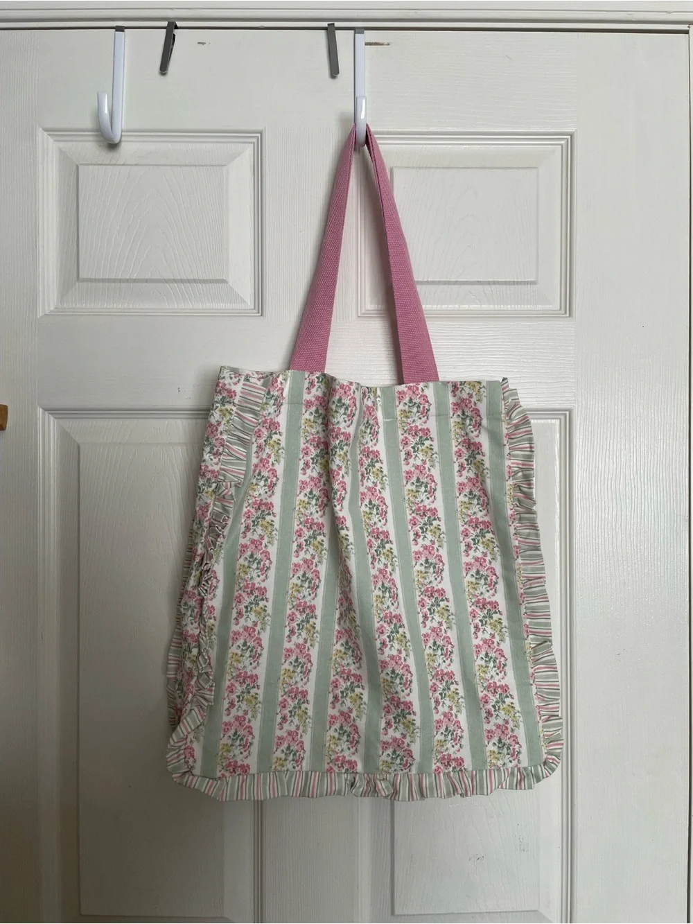 NWT Laura Ashley Mayhill Green Pink Floral w Sage Stripes Canvas Ruffle Tote Bag